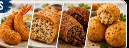Salgados finos JJ Salgados: camarão empanado e rissole de bacalhau
